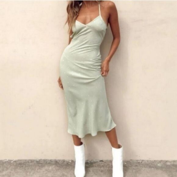 Princess Polly Green On Cloud Nine Printed Lace Up Open Back‎ Midi Slip Dress 10 - Picture 1 of 6